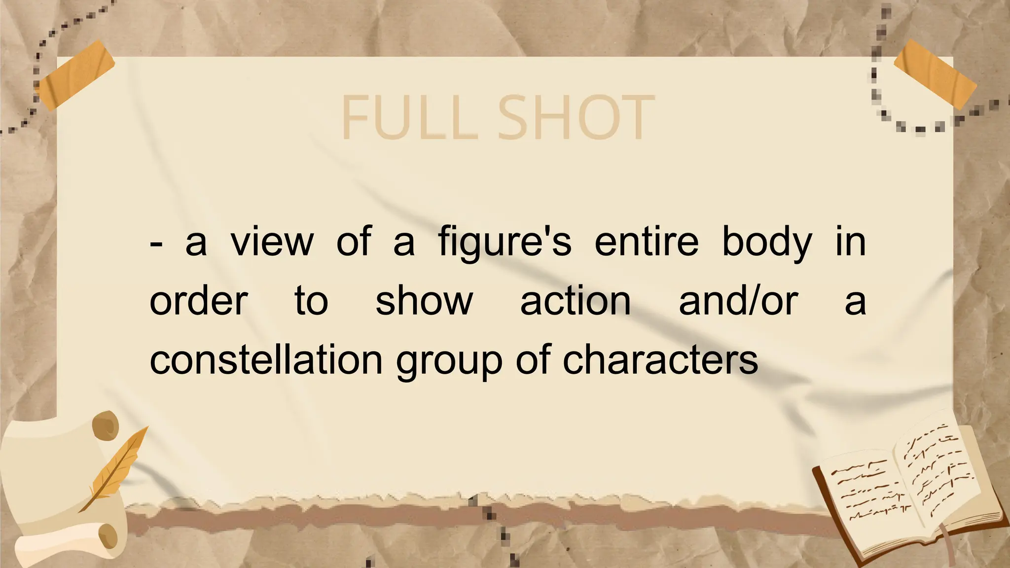FULL SHOT
- a view of a figure's entire body in
order to show action and/or a
constellation group of characters
 