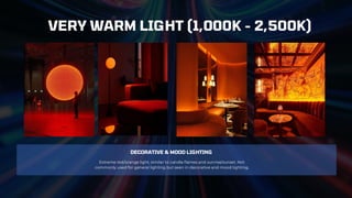 DECORATIVE & MOOD LIGHTING
Extreme red/orange light, similar to candle flames and sunrise/sunset. Not
commonly used for general lighting but seen in decorative and mood lighting.
VERY WARM LIGHT (1,000K - 2,500K)
 