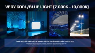 DEEP-SEA LIGHTING, DIGITAL SCREEN DISPLAYS, STADIUMS, STREET LIGHTS, ETC.
Appears bluish and is mostly found in specialized applications like deep-sea
lighting, certain industrial environments, and digital screen displays.
VERY COOL/BLUE LIGHT (7,000K - 10,000K)
 