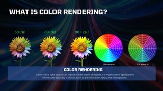 COLOR RENDERING
is how well a light source can reproduce the colors of objects. It's important for applications
where color accuracy is crucial, such as art restoration, retail, and photography.
WHAT IS COLOR RENDERING?
 