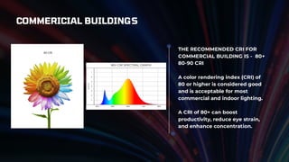 THE RECOMMENDED CRI FOR
COMMERCIAL BUILDING IS - 80+
80-90 CRI
A color rendering index (CRI) of
80 or higher is considered good
and is acceptable for most
commercial and indoor lighting.
A CRI of 80+ can boost
productivity, reduce eye strain,
and enhance concentration.
COMMERICIAL BUILDINGS
 