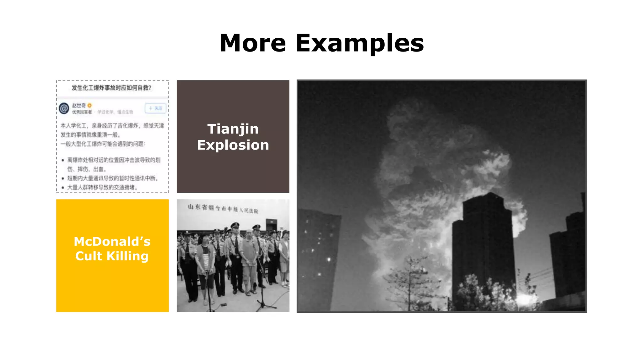 Tianjin
Explosion
McDonald’s
Cult Killing
More Examples
 