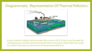 Diagrammatic Representation OfThermal Pollution:
It occurs when an industry removes water from a source (E.G. A river), uses the water for
cooling purpose, and then returns the heated water to its source. Power plant heat water
to convert it into steam, to drive the turb that generate electricity.
 