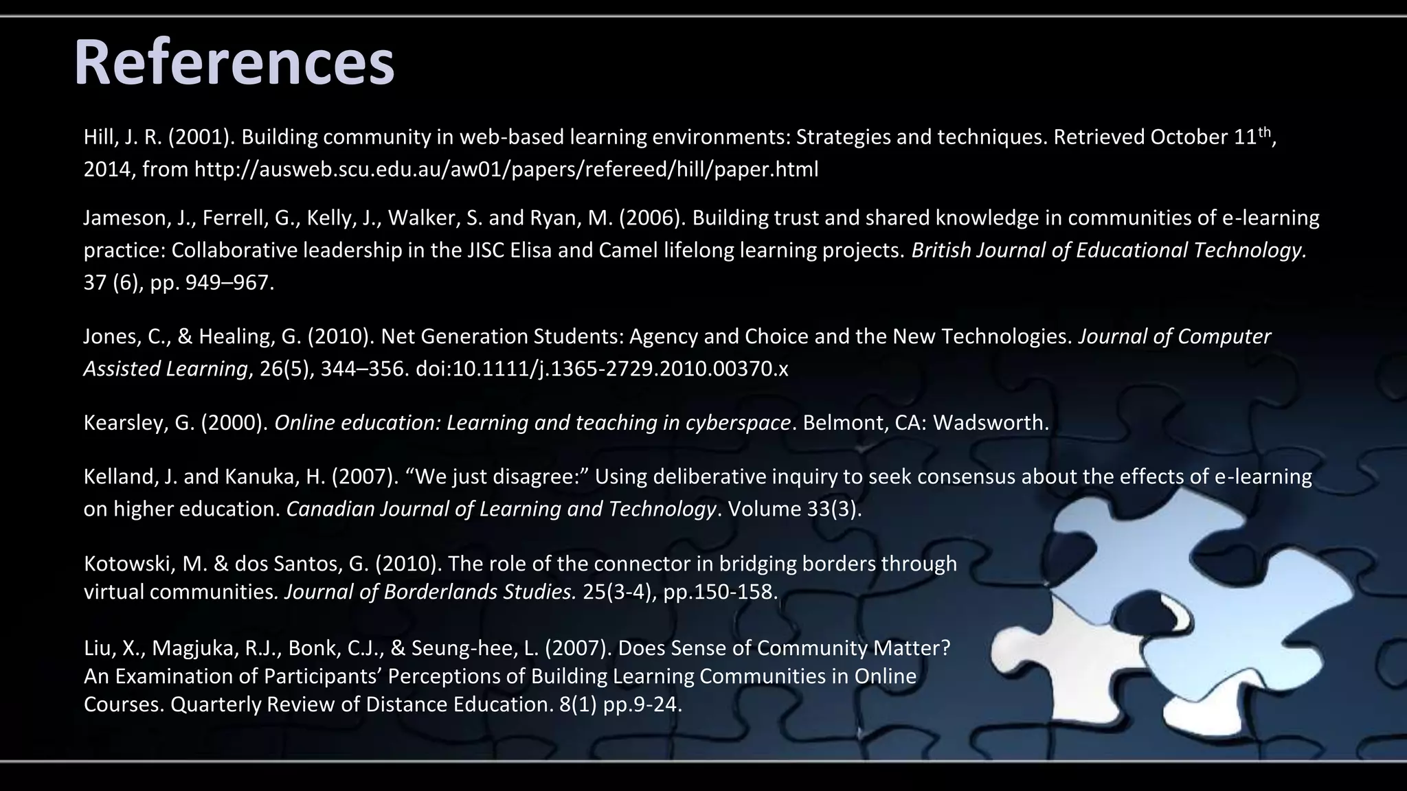 References 
Hill, J. R. (2001). Building community in web-based learning environments: Strategies and techniques. Retrieved October 11th, 
2014, from http://ausweb.scu.edu.au/aw01/papers/refereed/hill/paper.html 
Jameson, J., Ferrell, G., Kelly, J., Walker, S. and Ryan, M. (2006). Building trust and shared knowledge in communities of e-learning 
practice: Collaborative leadership in the JISC Elisa and Camel lifelong learning projects. British Journal of Educational Technology. 
37 (6), pp. 949–967. 
Jones, C., & Healing, G. (2010). Net Generation Students: Agency and Choice and the New Technologies. Journal of Computer 
Assisted Learning, 26(5), 344–356. doi:10.1111/j.1365-2729.2010.00370.x 
Kearsley, G. (2000). Online education: Learning and teaching in cyberspace. Belmont, CA: Wadsworth. 
Kelland, J. and Kanuka, H. (2007). “We just disagree:” Using deliberative inquiry to seek consensus about the effects of e-learning 
on higher education. Canadian Journal of Learning and Technology. Volume 33(3). 
Kotowski, M. & dos Santos, G. (2010). The role of the connector in bridging borders through 
virtual communities. Journal of Borderlands Studies. 25(3-4), pp.150-158. 
Liu, X., Magjuka, R.J., Bonk, C.J., & Seung-hee, L. (2007). Does Sense of Community Matter? 
An Examination of Participants’ Perceptions of Building Learning Communities in Online 
Courses. Quarterly Review of Distance Education. 8(1) pp.9-24. 
 