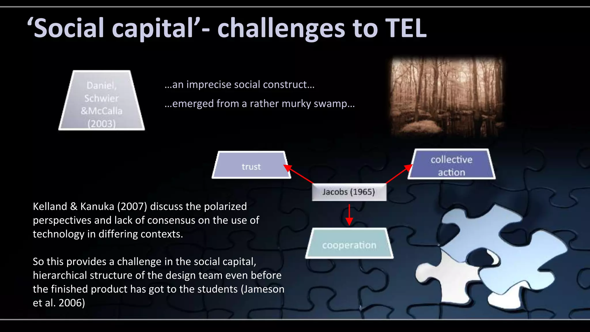 ‘Social capital’- challenges to TEL 
…an imprecise social construct… 
…emerged from a rather murky swamp… 
Kelland & Kanuka (2007) discuss the polarized 
perspectives and lack of consensus on the use of 
technology in differing contexts. 
So this provides a challenge in the social capital, 
hierarchical structure of the design team even before 
the finished product has got to the students (Jameson 
et al. 2006) 
 