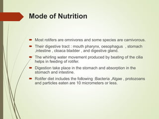 Mode of Nutrition
 Most rotifers are omnivores and some species are carnivorous.
 Their digestive tract : mouth pharynx, oesophagus , stomach
,intestine , cloaca bladder , and digestive gland.
 The whirling water movement produced by beating of the cilia
helps in feeding of rotifer.
 Digestion take place in the stomach and absorption in the
stomach and intestine.
 Rotifer diet includes the following :Bacteria ,Algae , protozoans
and particles eaten are 10 micrometers or less.
 