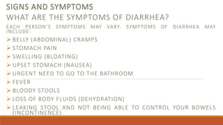 SIGNS AND SYMPTOMS
WHAT ARE THE SYMPTOMS OF DIARRHEA?
EACH PERSON’S SYMPTOMS MAY VARY. SYMPTOMS OF DIARRHEA MAY
INCLUDE:
 BELLY (ABDOMINAL) CRAMPS
 STOMACH PAIN
 SWELLING (BLOATING)
 UPSET STOMACH (NAUSEA)
 URGENT NEED TO GO TO THE BATHROOM
 FEVER
 BLOODY STOOLS
 LOSS OF BODY FLUIDS (DEHYDRATION)
 LEAKING STOOL AND NOT BEING ABLE TO CONTROL YOUR BOWELS
(INCONTINENCE)
 