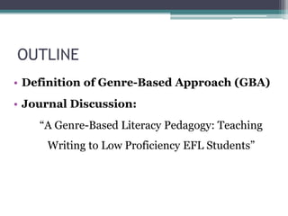 OUTLINE
• Definition of Genre-Based Approach (GBA)
• Journal Discussion:
“A Genre-Based Literacy Pedagogy: Teaching
Writing to Low Proficiency EFL Students”
 