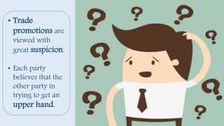 • Trade
promotions are
viewed with
great suspicion.
• Each party
believes that the
other party in
trying to get an
upper hand.
 