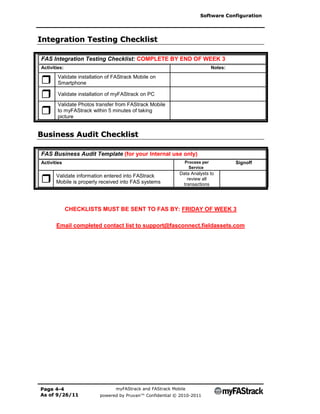 Software Configuration




Integration Testing Checklist

FAS Integration Testing Checklist: COMPLETE BY END OF WEEK 3
Activities:                                                               Notes:


Validate installation of FAStrack Mobile on
  Smartphone

Validate installation of myFAStrack on PC
  Validate Photos transfer from FAStrack Mobile
to myFAStrack within 5 minutes of taking
  picture


Business Audit Checklist

FAS Business Audit Template (for your Internal use only)
Activities                                                  Process per            Signoff
                                                              Service
                                                          Data Analysts to
    
      Validate information entered into FAStrack
      Mobile is properly received into FAS systems
                                                             review all
                                                           transactions




              CHECKLISTS MUST BE SENT TO FAS BY: FRIDAY OF WEEK 3

       Email completed contact list to support@fasconnect.fieldassets.com




Page 4-4                       myFAStrack and FAStrack Mobile
As of 9/26/11            powered by Pruvan™ Confidential © 2010-2011
 