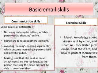 Basic email skills
Communication skills
Some basic s of netiquette :
• Not using only capital letters, which is
perceived as ‘shouting’ online.
• Being sure to respect others’ opinions.
• Avoiding ‘flaming’- ongoing arguments
which become increasingly personalised
and possibly public.
• Making sure that files sent as email
attachments are not too large, as the
person receiving the email may not be
able to download them.
Technical Skills
• A basic knowledge about
viruses sent by email, and
spam or unsocilicited junk
email- what these are, and
how to protect themselves
from them.
 