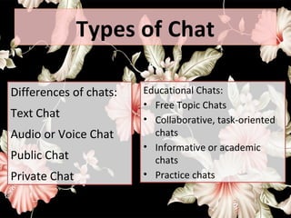 Types of Chat
Differences of chats:
Text Chat
Audio or Voice Chat
Public Chat
Private Chat
Educational Chats:
• Free Topic Chats
• Collaborative, task-oriented
chats
• Informative or academic
chats
• Practice chats
 