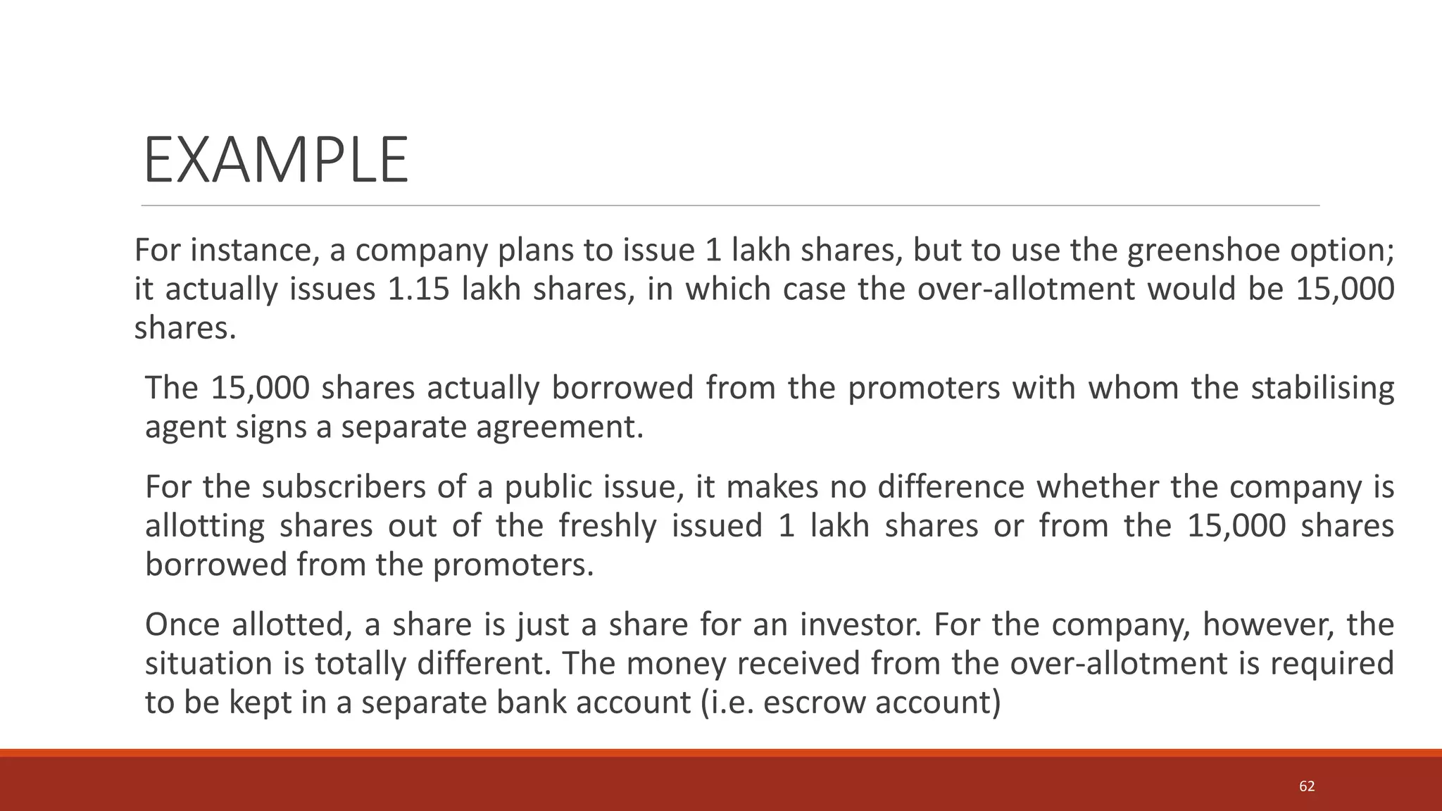 EXAMPLE
For instance, a company plans to issue 1 lakh shares, but to use the greenshoe option;
it actually issues 1.15 lakh shares, in which case the over-allotment would be 15,000
shares.
The 15,000 shares actually borrowed from the promoters with whom the stabilising
agent signs a separate agreement.
For the subscribers of a public issue, it makes no difference whether the company is
allotting shares out of the freshly issued 1 lakh shares or from the 15,000 shares
borrowed from the promoters.
Once allotted, a share is just a share for an investor. For the company, however, the
situation is totally different. The money received from the over-allotment is required
to be kept in a separate bank account (i.e. escrow account)
62
 