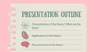PRESENTATION OUTLINE
Characteristics of the theory? What are the
basis?
Applications of the theory
Pros and Cons of the theory
 