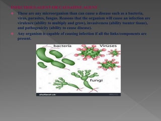 INFECTIOUS AGENT OR CAUSATIVE AGENT
 These are any microorganism than can cause a disease such as a bacteria,
virus, parasites, fungus. Reasons that the organism will cause an infection are
virulence (ability to multiply and grow), invasiveness (ability toenter tissue),
and pathogenicity (ability to cause disease).
 Any organism is capable of causing infection if all the links/components are
present.
 