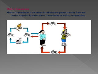 Mode of transmission
Mode of transmission is the means by which an organism transfer from one
carrier o another by either direct transmission or indirect transmission.
 