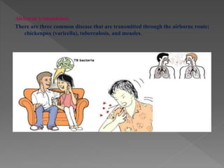 Airborne transmission
There are three common disease that are transmitted through the airborne route;
chickenpox (varicella), tuberculosis, and measles.
 