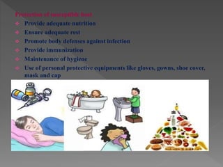 Protection of susceptible host
 Provide adequate nutrition
 Ensure adequate rest
 Promote body defenses against infection
 Provide immunization
 Maintenance of hygiene
 Use of personal protective equipments like gloves, gowns, shoe cover,
mask and cap
 