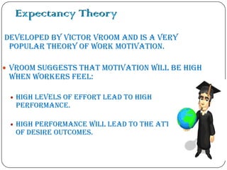 Expectancy Theory
Developed by Victor Vroom and is a very
popular theory of work motivation.
 Vroom suggests that motivation will be high

when workers feel:


High levels of effort lead to high
performance.



High performance will lead to the attainment
of desire outcomes.

 