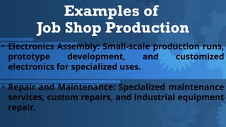 Examples of
Job Shop Production
• Electronics Assembly: Small-scale production runs,
prototype development, and customized
electronics for specialized uses.
• Repair and Maintenance: Specialized maintenance
services, custom repairs, and industrial equipment
repair.
 