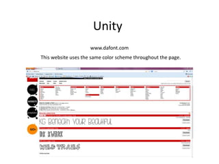 Unity
www.dafont.com
This website uses the same color scheme throughout the page.
 