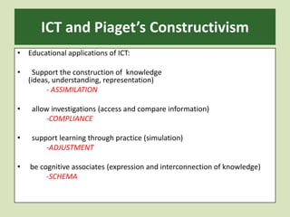 ICT and Piaget’s ConstructivismEducational applications of ICT:   Support the construction of knowledge (ideas, understanding, representation)		-ASSIMILATION  allow investigations (access and compare information)-COMPLIANCE  support learning through practice (simulation) -ADJUSTMENT be cognitive associates (expression and interconnection of knowledge)		-SCHEMA