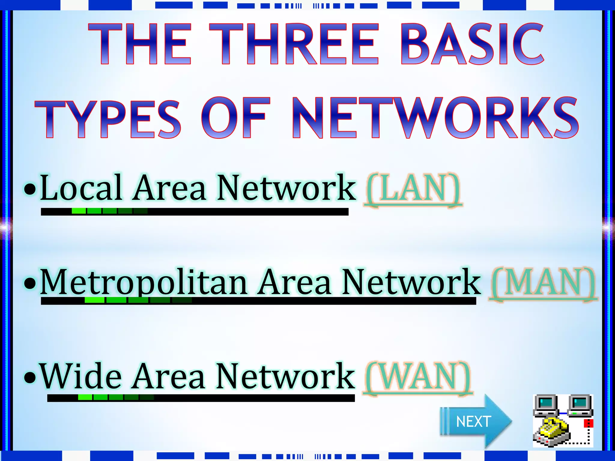 •Local Area Network (LAN) 
•Metropolitan Area Network (MAN) 
•Wide Area Network (WAN) 
NEXT 
 