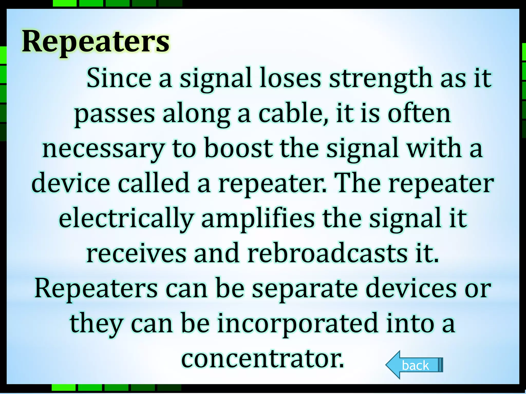 Repeaters 
Since a signal loses strength as it 
passes along a cable, it is often 
necessary to boost the signal with a 
device called a repeater. The repeater 
electrically amplifies the signal it 
receives and rebroadcasts it. 
Repeaters can be separate devices or 
they can be incorporated into a 
concentrator. back 
 