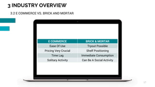 3 INDUSTRY OVERVIEW
17
3.2 E COMMERCE VS. BRICK AND MORTAR
E COMMERCE BRICK & MORTAR
Ease Of Use Tryout Possible
Pricing Very Crucial Shelf Positioning
Time Lag Immediate Consumption
Solitary Activity Can Be A Social Activity
 