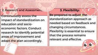 OBJECTIVES
2. Research and Assessment:
Continuously assess the
impact of standardization on
education and socio-
economic factors. Conduct
research to identify potential
areas of improvement and
adapt the plan accordingly.
3. Flexibility:
Be prepared to adjust the
standardization approach as
needed based on feedback and
changing circumstances.
Flexibility is essential to ensure
that the process remains
relevant and effective.
 