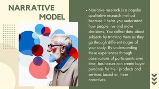 NARRATIVE
NARRATIVE Narrative research is a popular
qualitative research method
because it helps you understand
how people live and make
decisions. You collect data about
subjects by tracking them as they
go through different stages of
your study. By understanding
these experiences through
observations of participants over
time, businesses can create buyer
personas for their products and
services based on these
narratives.
MODEL
MODEL
 