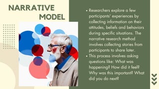 NARRATIVE
NARRATIVE Researchers explore a few
participants' experiences by
collecting information on their
attitudes, beliefs and behaviors
during specific situations. The
narrative research method
involves collecting stories from
participants to share later.
This process involves asking
questions like: What was
happening? How did it feel?
Why was this important? What
did you do next?
MODEL
MODEL
 