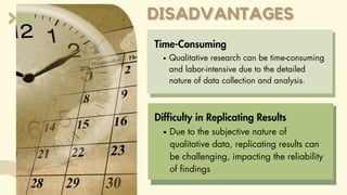 DISADVANTAGES
DISADVANTAGES
Time-Consuming
Qualitative research can be time-consuming
and labor-intensive due to the detailed
nature of data collection and analysis.
Due to the subjective nature of
qualitative data, replicating results can
be challenging, impacting the reliability
of findings
Difficulty in Replicating Results
 