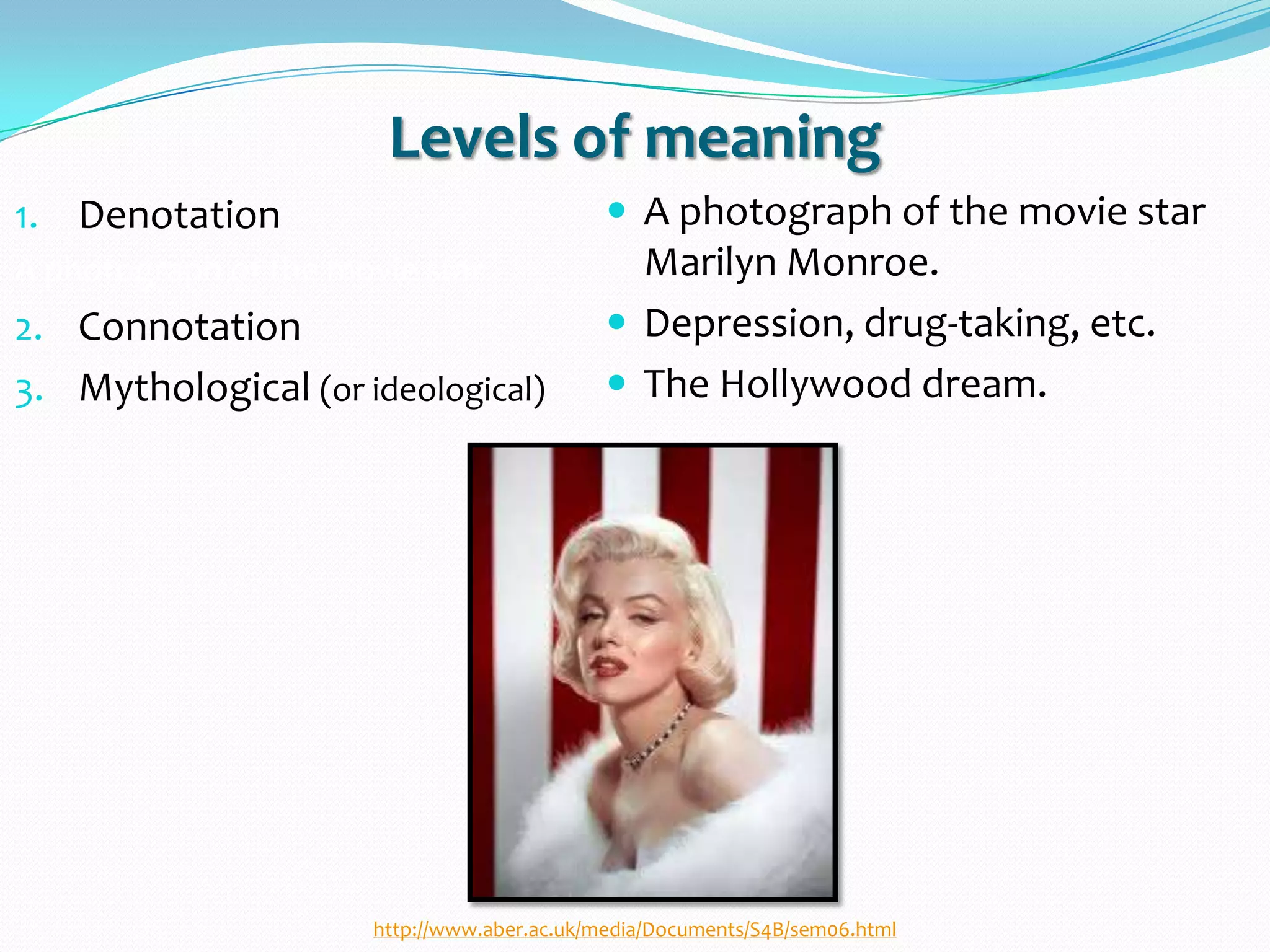 Levels of meaning
1. Denotation
A photograph of the movie star
2. Connotation
3. Mythological (or ideological)
 A photograph of the movie star
Marilyn Monroe.
 Depression, drug-taking, etc.
 The Hollywood dream.
http://www.aber.ac.uk/media/Documents/S4B/sem06.html
 