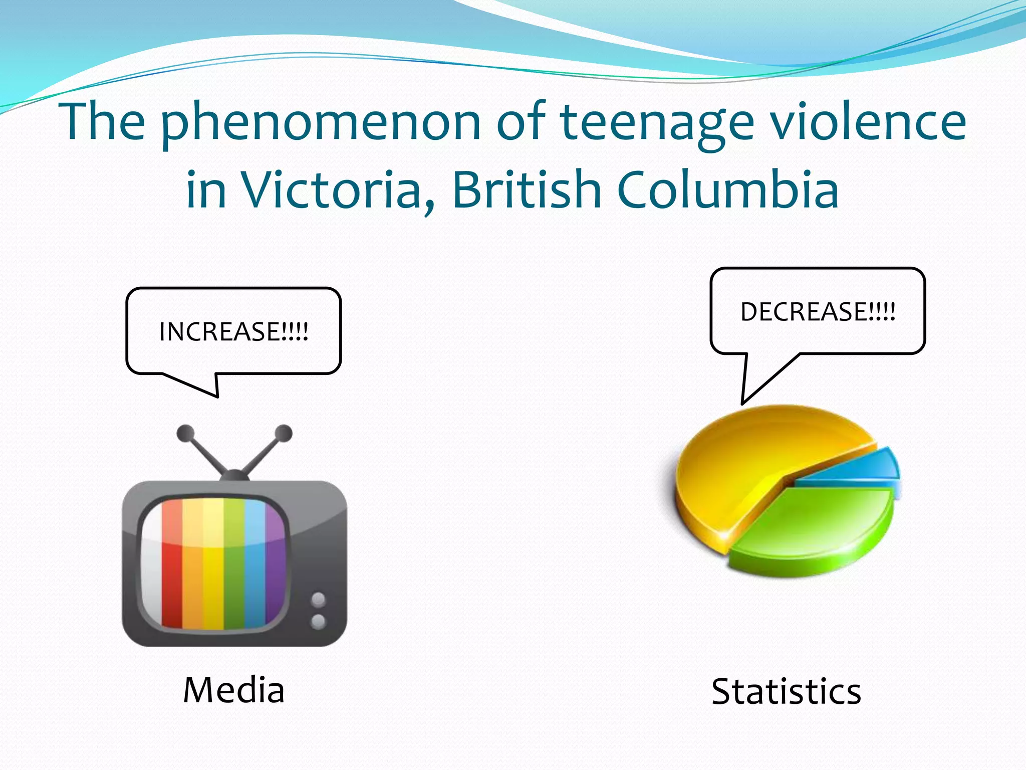 The phenomenon of teenage violence
in Victoria, British Columbia
INCREASE!!!!
DECREASE!!!!
Media Statistics
 
