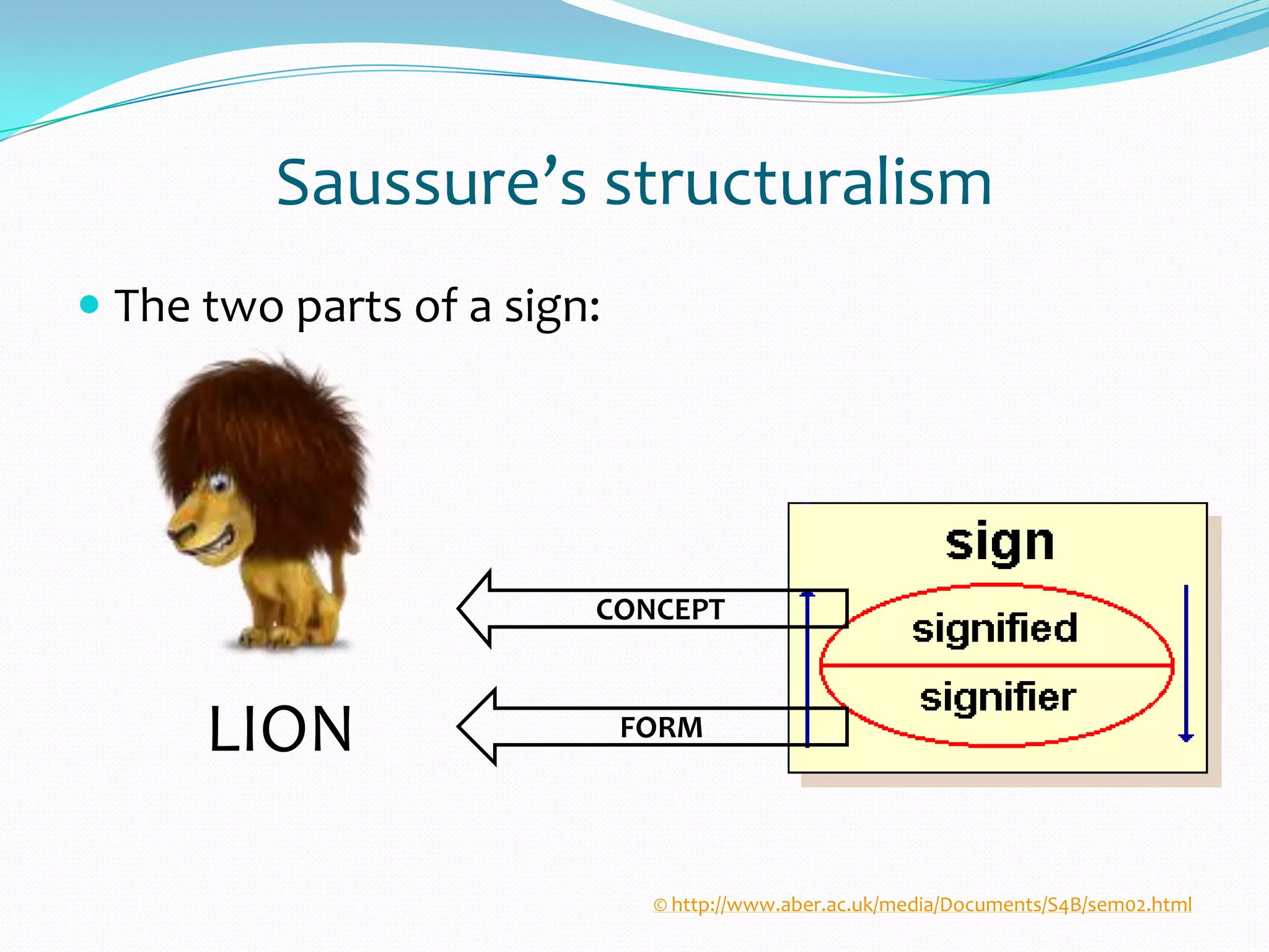 Saussure’s structuralism
 The two parts of a sign:
LION
CONCEPT
FORM
© http://www.aber.ac.uk/media/Documents/S4B/sem02.html
 