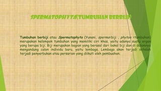 Spermatophyta(Tumbuhan Berbiji)
Tumbuhan berbiji atau Spermatophyta (Yunani, sperma=biji , phyton =tumbuhan)
merupakan kelompok tumbuhan yang memiliki ciri khas, yaitu adanya suatu organ
yang berupa biji. Biji merupakan bagian yang berasal dari bakal biji dan di dalamnya
mengandung calon individu baru, yaitu lembaga. Lembaga akan terjadi setelah
terjadi penyerbukan atau persarian yang diikuti oleh pembuahan.
 