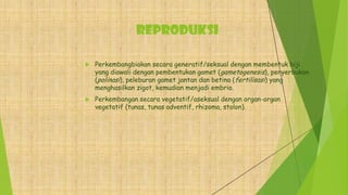 REPRODUKSI
 Perkembangbiakan secara generatif/seksual dengan membentuk biji
yang diawali dengan pembentukan gamet (gametogenesis), penyerbukan
(polinasi), peleburan gamet jantan dan betina (fertilisasi) yang
menghasilkan zigot, kemudian menjadi embrio.
 Perkembangan secara vegetatif/aseksual dengan organ-organ
vegetatif (tunas, tunas adventif, rhizoma, stolon).
 