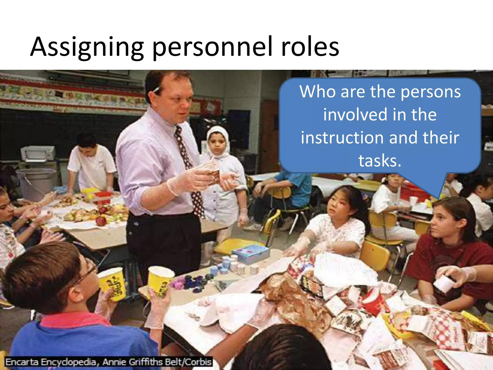 Assigning personnel rolesWho are the persons involved in the instruction and their tasks.