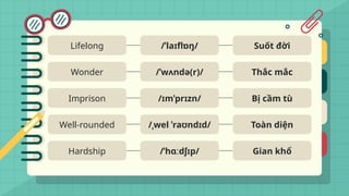Lifelong
Wonder
Imprison
Well-rounded
Hardship
/ˈlaɪflɒŋ/
/ˈwʌndə(r)/
/ɪmˈprɪzn/
/ˌwel ˈraʊndɪd/
/ˈhɑːdʃɪp/
Suốt đời
Thắc mắc
Bị cầm tù
Toàn diện
Gian khổ
 