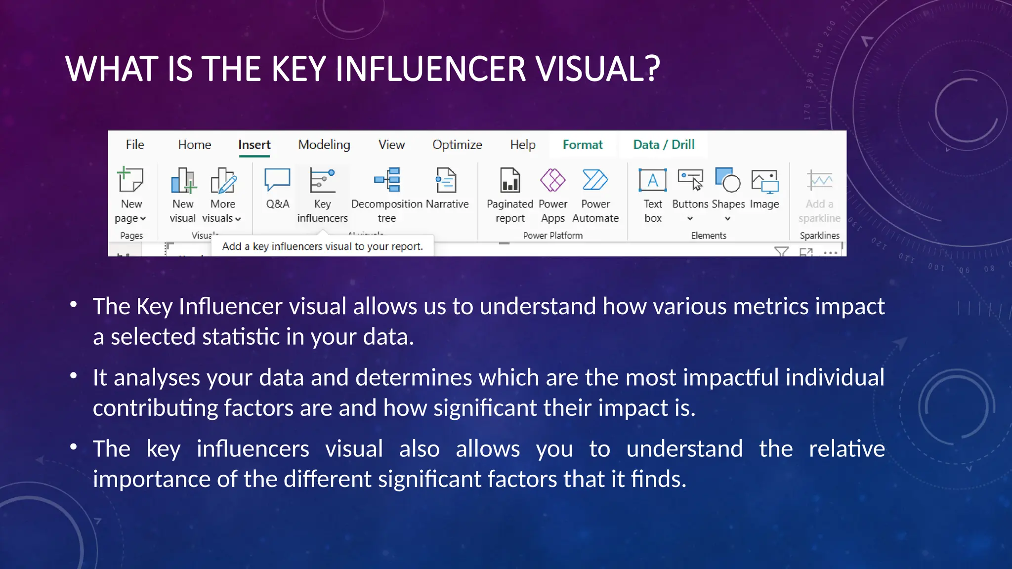 WHAT IS THE KEY INFLUENCER VISUAL?
• The Key Influencer visual allows us to understand how various metrics impact
a selected statistic in your data.
• It analyses your data and determines which are the most impactful individual
contributing factors are and how significant their impact is.
• The key influencers visual also allows you to understand the relative
importance of the different significant factors that it finds.
 