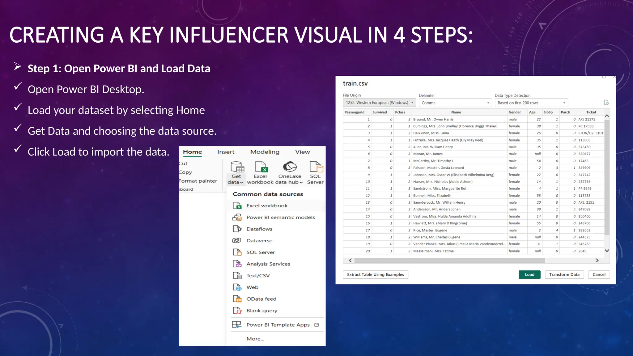 CREATING A KEY INFLUENCER VISUAL IN 4 STEPS:
 Step 1: Open Power BI and Load Data
 Open Power BI Desktop.
 Load your dataset by selecting Home
 Get Data and choosing the data source.
 Click Load to import the data.
 