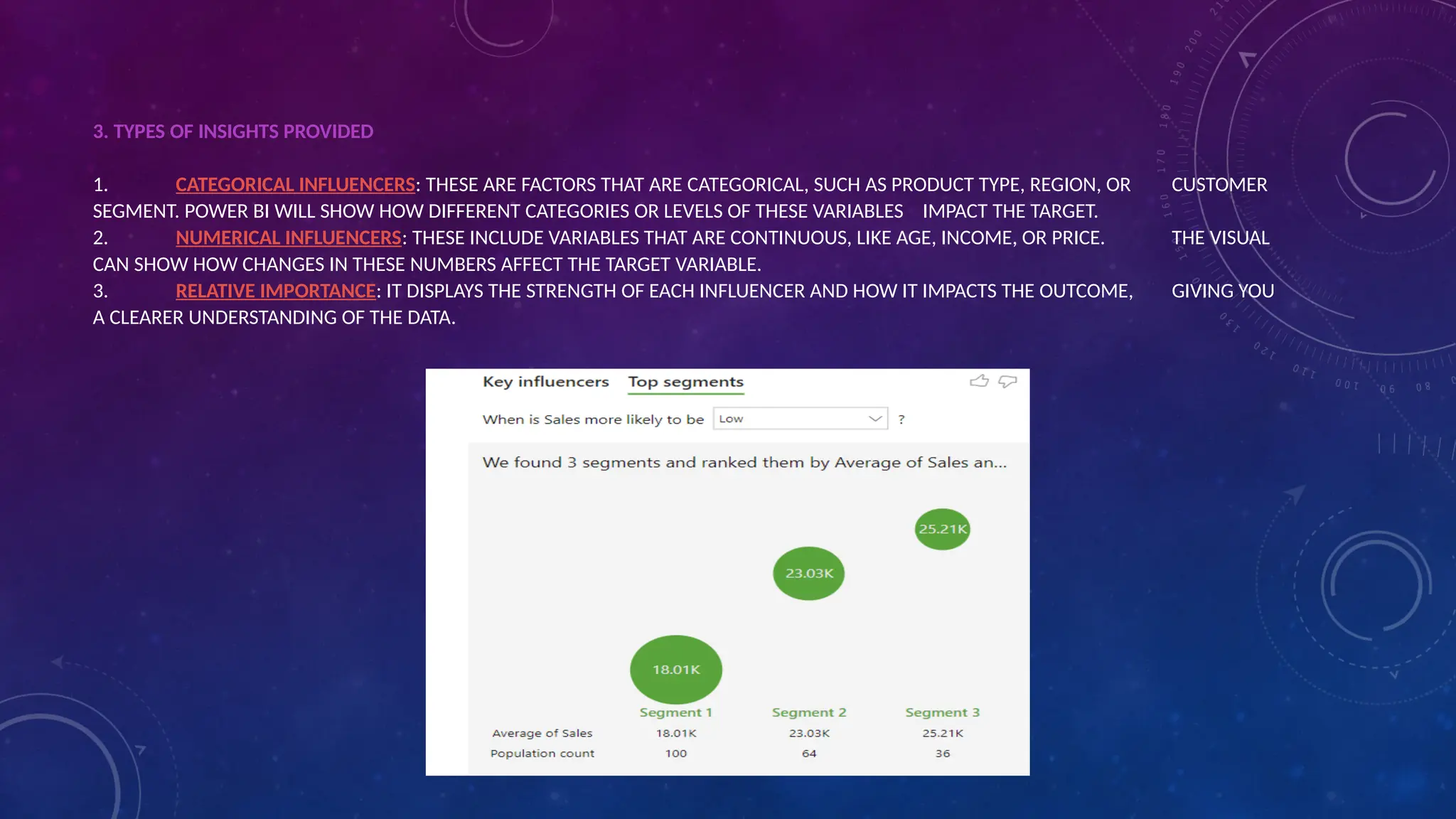 3. TYPES OF INSIGHTS PROVIDED
1. CATEGORICAL INFLUENCERS: THESE ARE FACTORS THAT ARE CATEGORICAL, SUCH AS PRODUCT TYPE, REGION, OR CUSTOMER
SEGMENT. POWER BI WILL SHOW HOW DIFFERENT CATEGORIES OR LEVELS OF THESE VARIABLES IMPACT THE TARGET.
2. NUMERICAL INFLUENCERS: THESE INCLUDE VARIABLES THAT ARE CONTINUOUS, LIKE AGE, INCOME, OR PRICE. THE VISUAL
CAN SHOW HOW CHANGES IN THESE NUMBERS AFFECT THE TARGET VARIABLE.
3. RELATIVE IMPORTANCE: IT DISPLAYS THE STRENGTH OF EACH INFLUENCER AND HOW IT IMPACTS THE OUTCOME, GIVING YOU
A CLEARER UNDERSTANDING OF THE DATA.
 