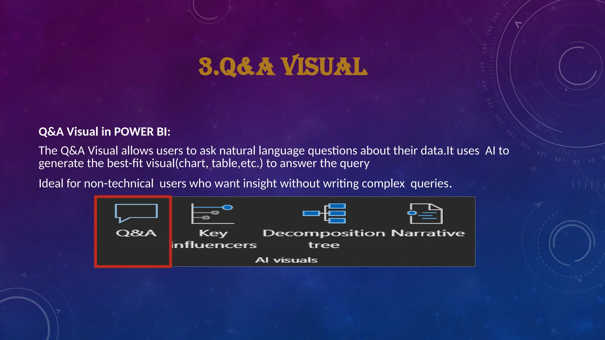 3.Q&A VISUAL
Q&A Visual in POWER BI:
The Q&A Visual allows users to ask natural language questions about their data.It uses AI to
generate the best-fit visual(chart, table,etc.) to answer the query
Ideal for non-technical users who want insight without writing complex queries.
 