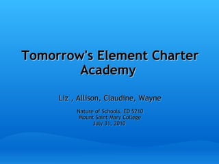 Tomorrow's Element Charter Academy   Liz , Allison, Claudine, Wayne Nature of Schools, ED 5210 Mount Saint Mary College July 31, 2010  