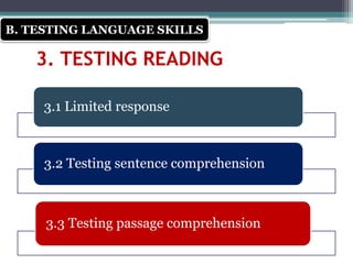 3. TESTING READING
3.1 Limited response
3.2 Testing sentence comprehension
3.3 Testing passage comprehension
B. TESTING LANGUAGE SKILLS
 