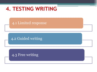 4. TESTING WRITING
4.1 Limited response
4.2 Guided writing
4.3 Free writing
 
