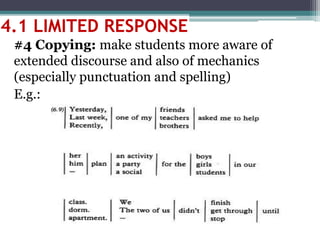 #4 Copying: make students more aware of
extended discourse and also of mechanics
(especially punctuation and spelling)
E.g.:
4.1 LIMITED RESPONSE
 