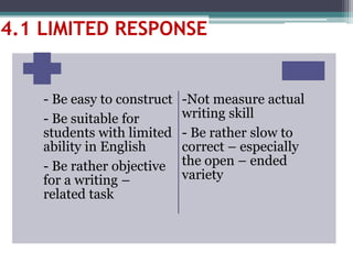 - Be easy to construct
- Be suitable for
students with limited
ability in English
- Be rather objective
for a writing –
related task
-Not measure actual
writing skill
- Be rather slow to
correct – especially
the open – ended
variety
4.1 LIMITED RESPONSE
 