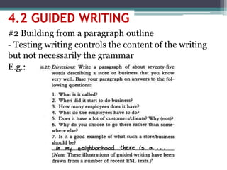 #2 Building from a paragraph outline
- Testing writing controls the content of the writing
but not necessarily the grammar
E.g.:
4.2 GUIDED WRITING
 